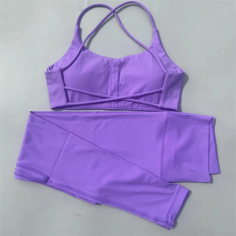 Solid Color Gym Yoga Set Women Yoga Set 2 Piece Workout Tracksuit Fitness Suit High Waist Legging Cross Back Sports Bra Athletic