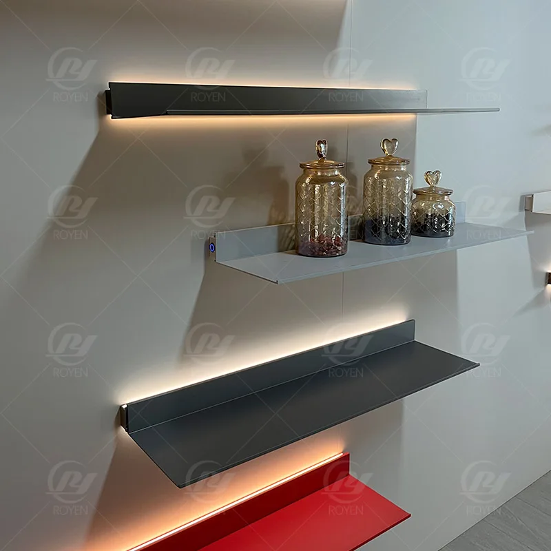 رف عرض أرفف عائمة من الألومنيوم على الحائط الحديث مع أضواء LED #4