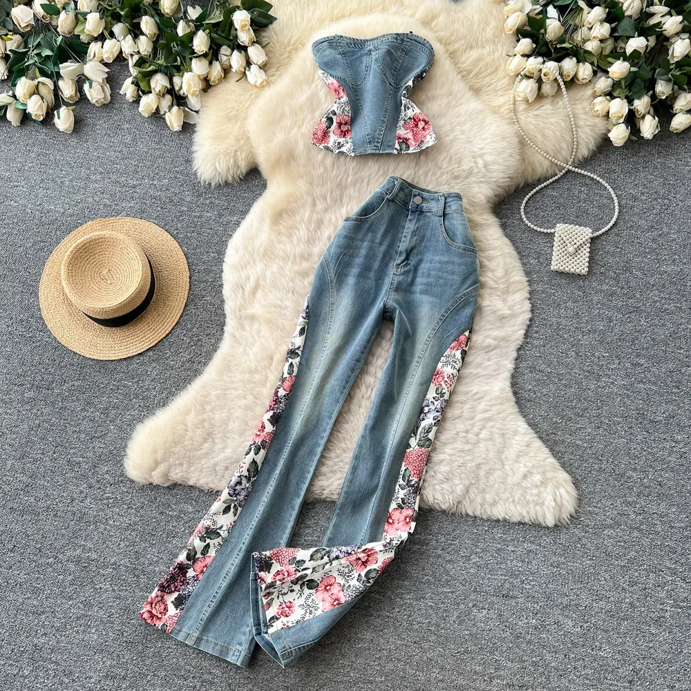 Denim-Hosen-Set für Damen, zweiteiliges Set, trägerloses Oberteil, elastische Taille, geblümte Bootcut-Hose, Y2K Streetwear, Vintage-Waschung, Sommer 2026