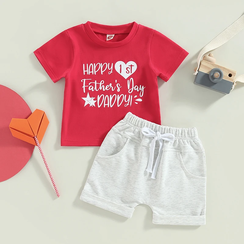 

Toddler Boys Father s Day Clothing Set with Printed Short Sleeve Tee and Elastic Waist Shorts for Summer Celebrations