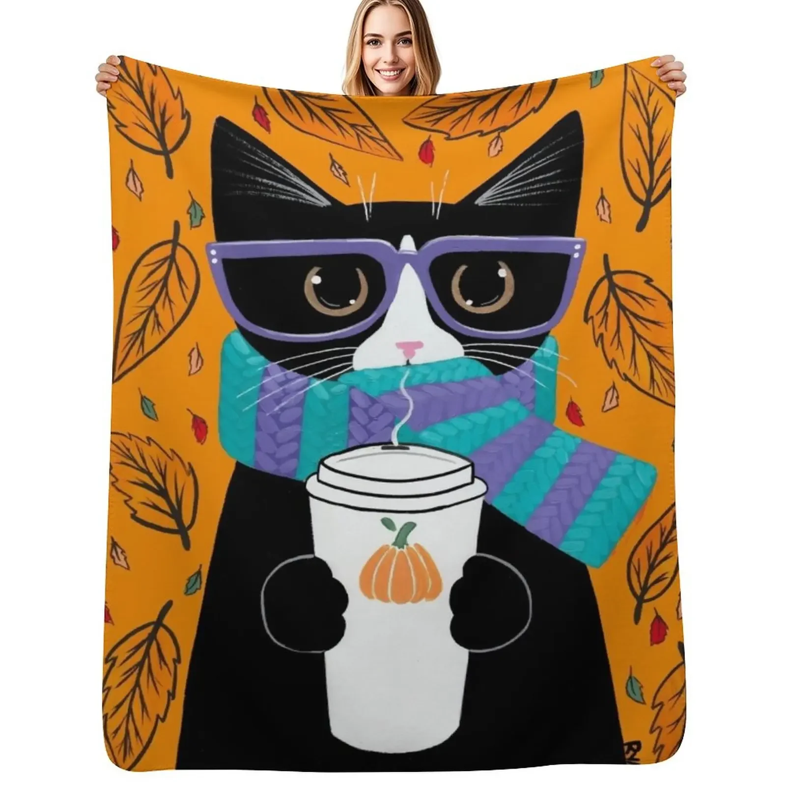 

Tuxedo Autumn Coffee Cat Throw Blanket Heavy funny gift Bed warm winter Blanket