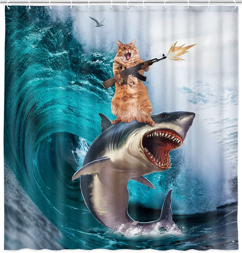 Shower Curtain Funny Shower Curtains for Bathroom Funny Cat Shower Curtain Cool Cat Riding Shark Seagull On Ocean Sea Blue Waves