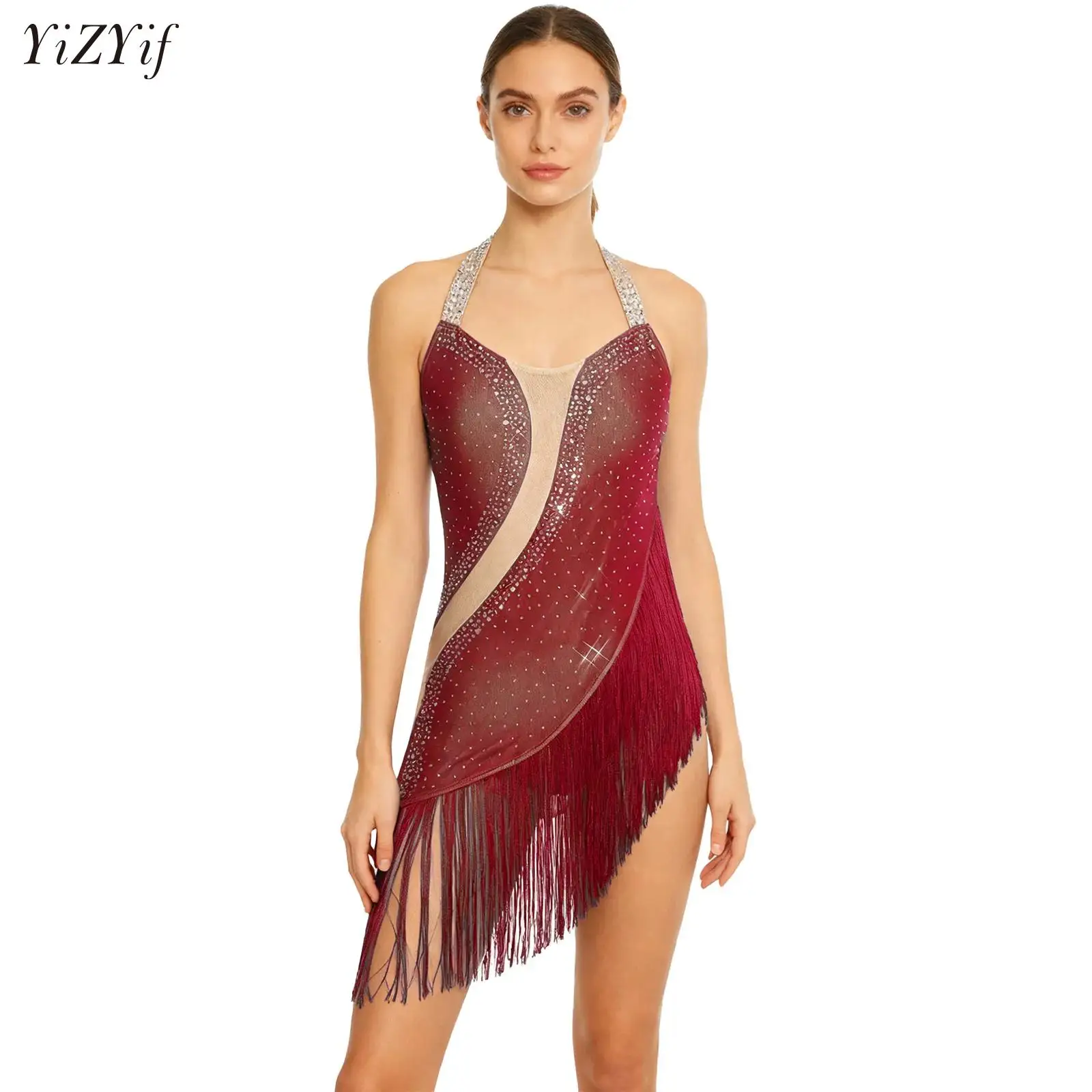 Body de baile latino deslumbrante para mujer, vestido de leotardo de Salsa Tango con diseño sin espalda y borlas de cristal para salón de baile, patinaje artístico y Ballet