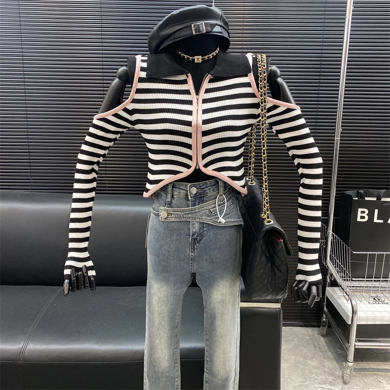 

2022 New fashion Designer new style Famous brand stripe turndown collar strapless Long sleeve sweater short midriff-baring top