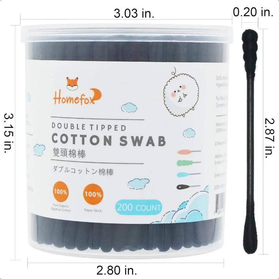 Kapas Hitam Spiral 600 Batang, Kapas Organik, Ujung Kapas Arang Dua Sisi Terbungkus Rapat, Tongkat Kertas Lembut dan Lembut