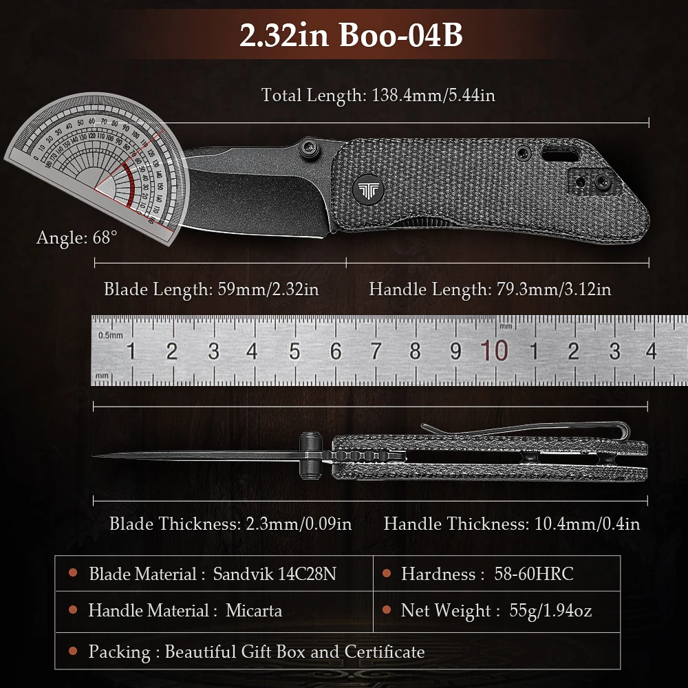 TRIVISA-cuchillo plegable pequeño con Clip,Mini navaja de bolsillo para hombre, 14C28N 2,32 de hoja de acero ", herramienta EDC, mango de Micarta, Bootes-04B