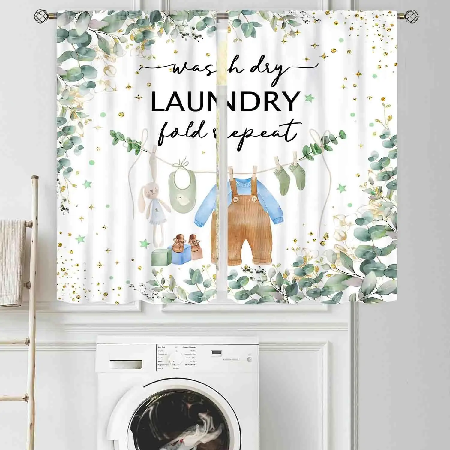 Laundry Room Curtains for Windows, Farmhouse Rustic Watercolor Hanging Baby Clothes Eucalyptus Leaves Green Laundry Drapes for