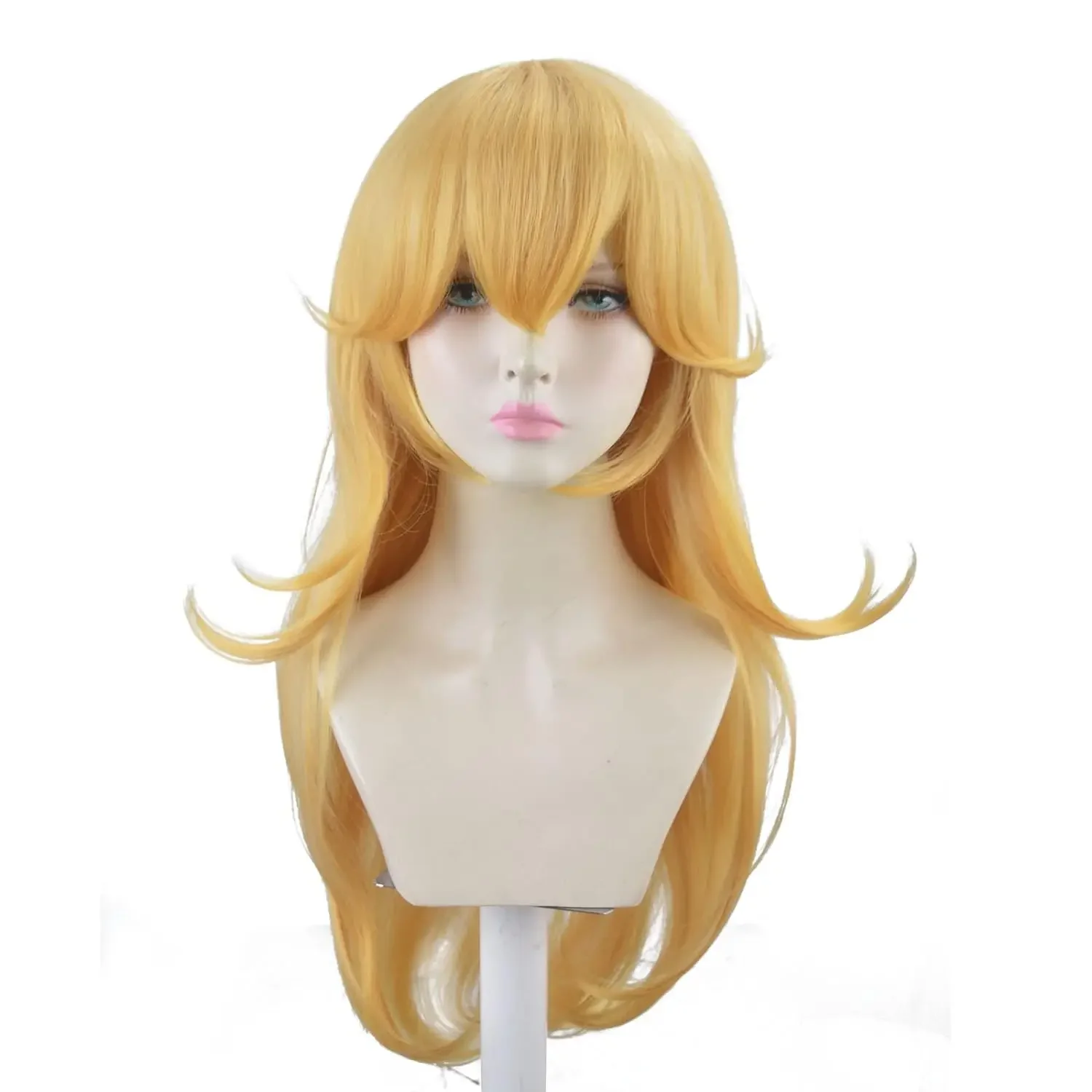 Anime złota peruka księżniczki z grzywką, żółta długa falista folia Cosplay syntetyczna blond peruka na imprezę kostiumową na Halloween