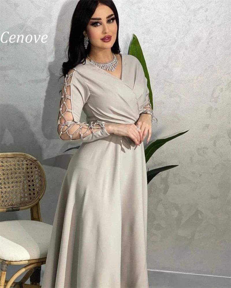 Cenove A-Line Binding Long Evening Gown Formal Princess V-Neck Prom Gray New Party Dresses for Women 2023