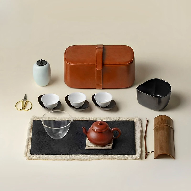 Japanese-style travel tea set, leather storage box, one pot, three cups, outdoor car kung fu tea set