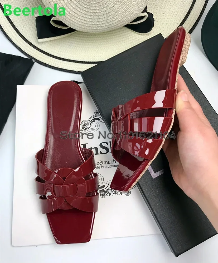 

Square Toe Weave Flat Slippers For Female Women Simple Luxury Design Solid Summer Elegant Slip-on Fashion All-match Outside Shoe