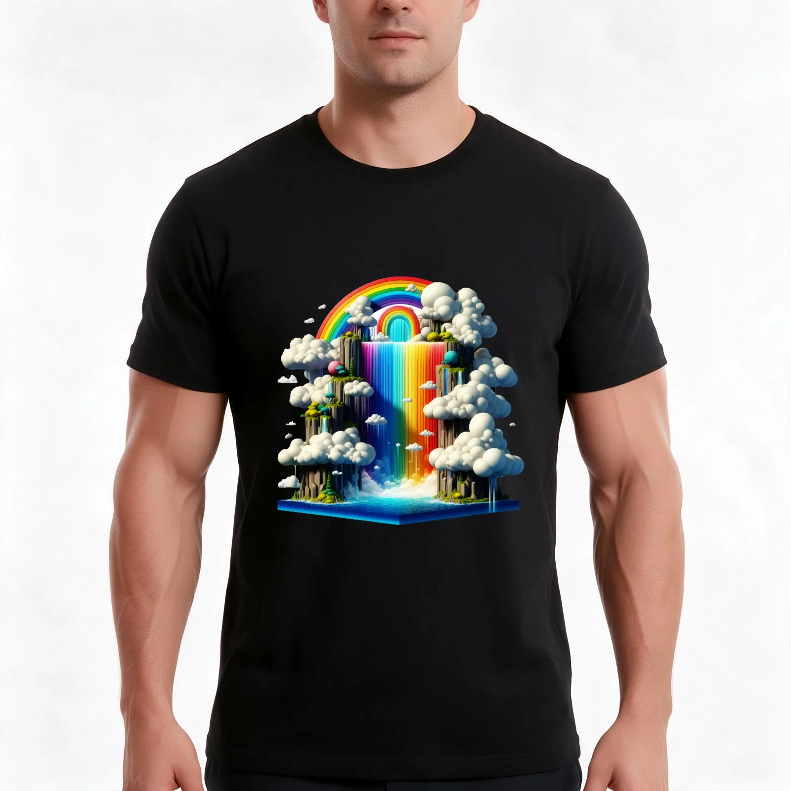 Cascading Waterfall T-Shirt, Summer Casual Cotton Tee, Oversized Streetwear Tops, Vintage Graphic Print, Loose Fit Short Sleeve