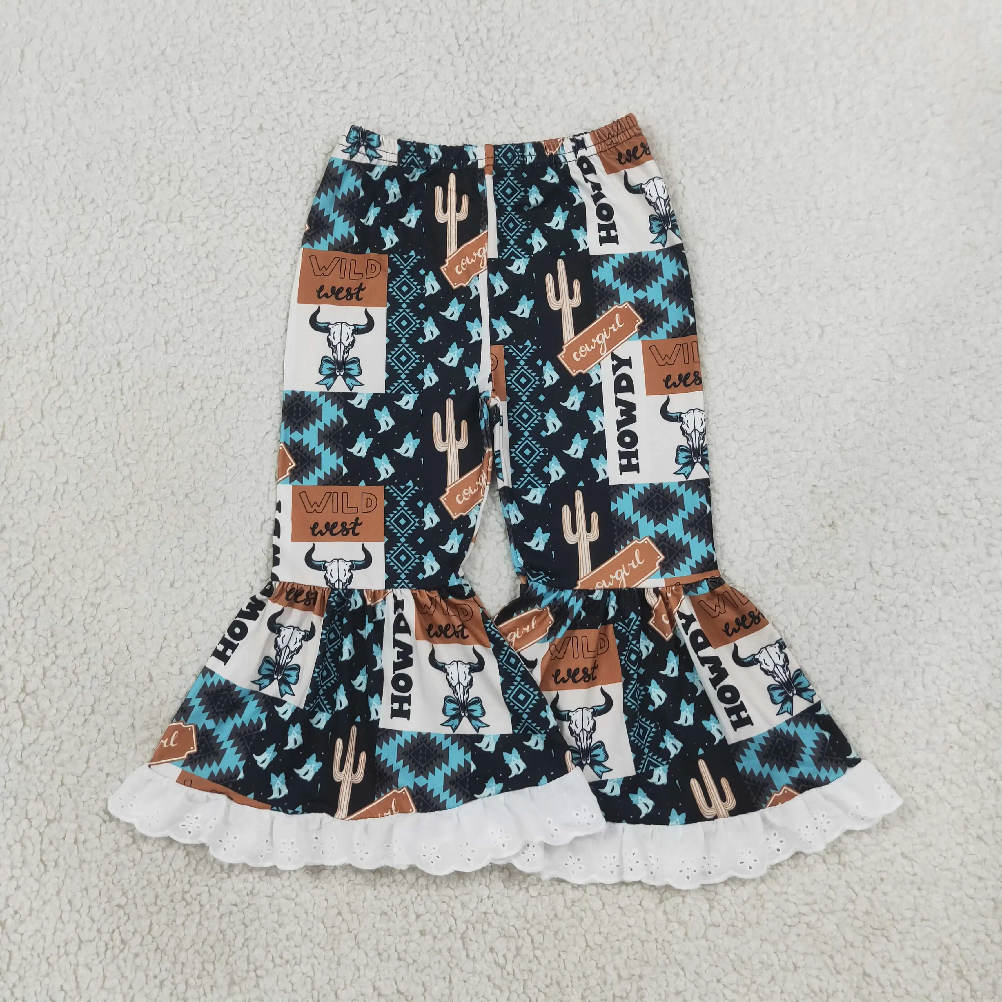 Wholesale Kids Bell Pants Girls Toddler Western Bows Cactus Ruffle Clothing Baby Girl Trousers Children Clothes