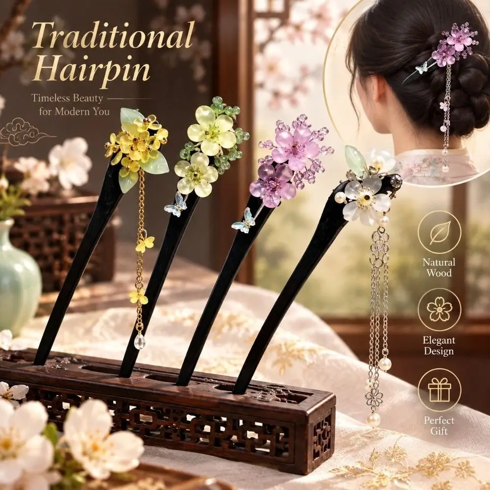 Traditional Chinese Style Wood Hair Stick Floral Pattern Elegant Hair Accessory Tassel Detail Charming Girls Hair Fork Women