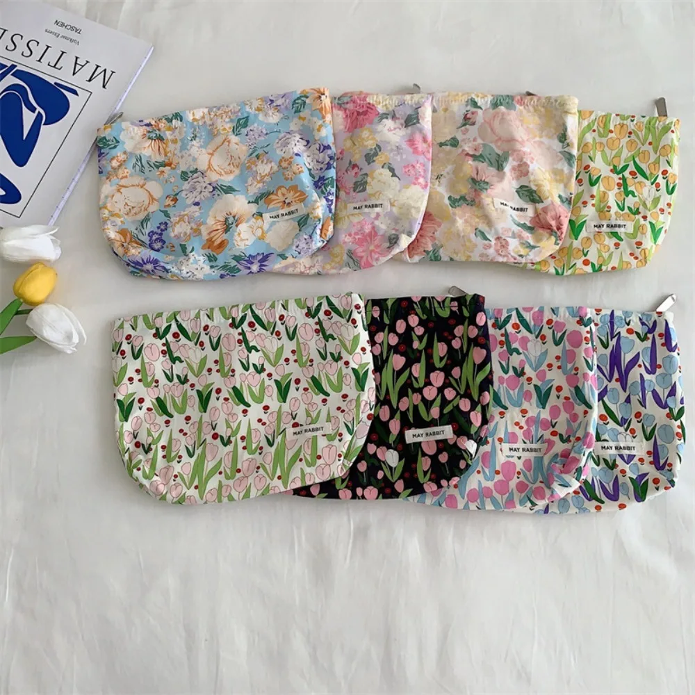 

Portable Printing Print Cosmetic Bag Peony Tulip Travel Storage Bag Cotton Canvas Lipstick Pouch