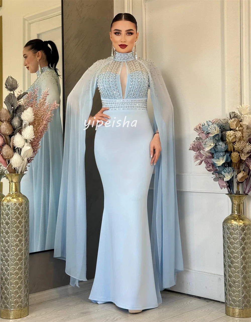 Индивидуальные замысловатые блестящие трикотажные платья со стразами и складками Русалка с высоким воротником Длинные платья на заказ Высокое качество Сексуальные платья