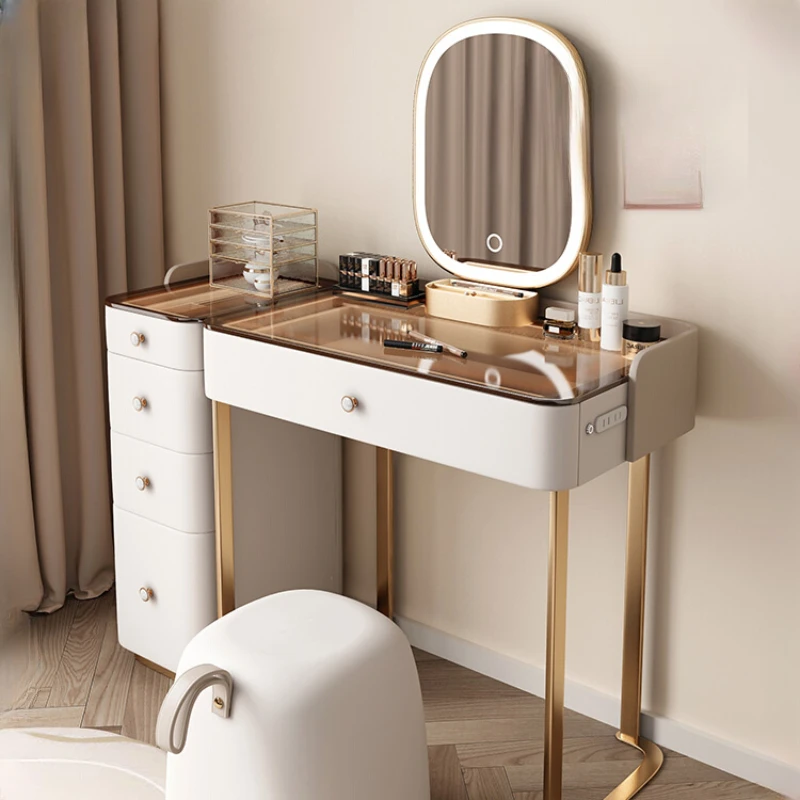 

Dressing table light luxury small illuminated mirror glass multifunctional storage bedroom dressing table storage cabinet