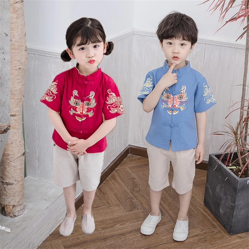 

2Pcs Boys Girls Chinese Traditional Tang Suit Kids 2022 New Year Clothing Short Sleeve Dragon Embroidery Cotton Linen Top+Pants