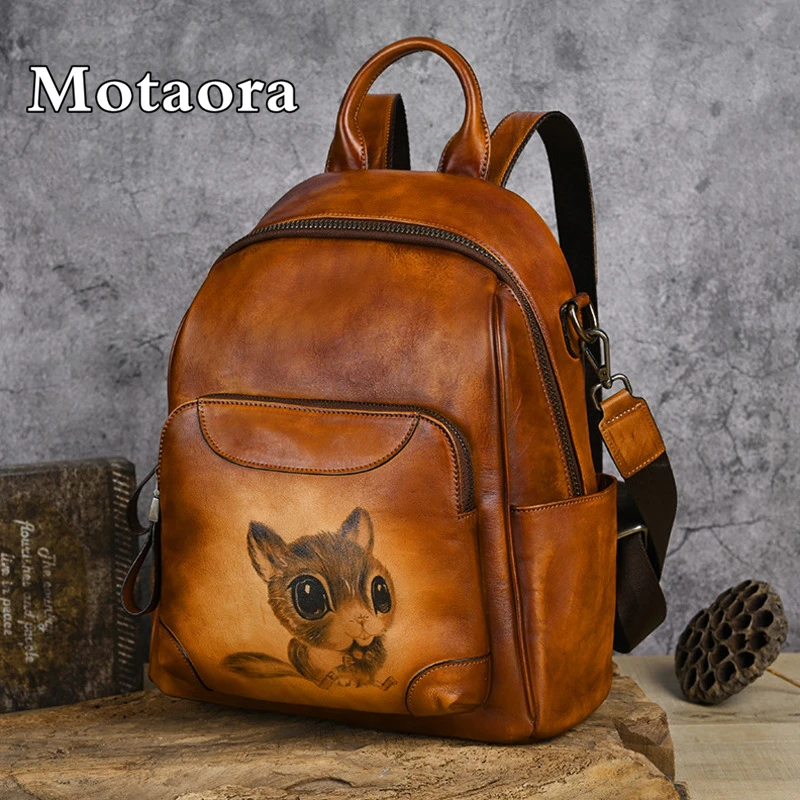 MOTAORA New Cowhide Large Capacity Backpack For Women's Retro Genuine Leather Handbag Animal Print Travel Schoolbag Shoulder Bag