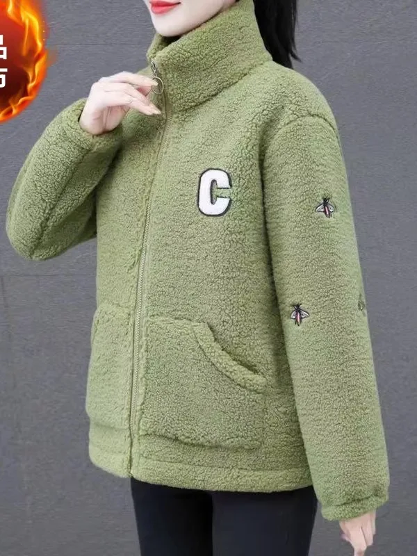 

Thickened Lamb Velvet Jacket Winter Warm Outerwear for Middle-Aged And Elderly Women Particle Velvet Cotton Coat Long Sleeve ...