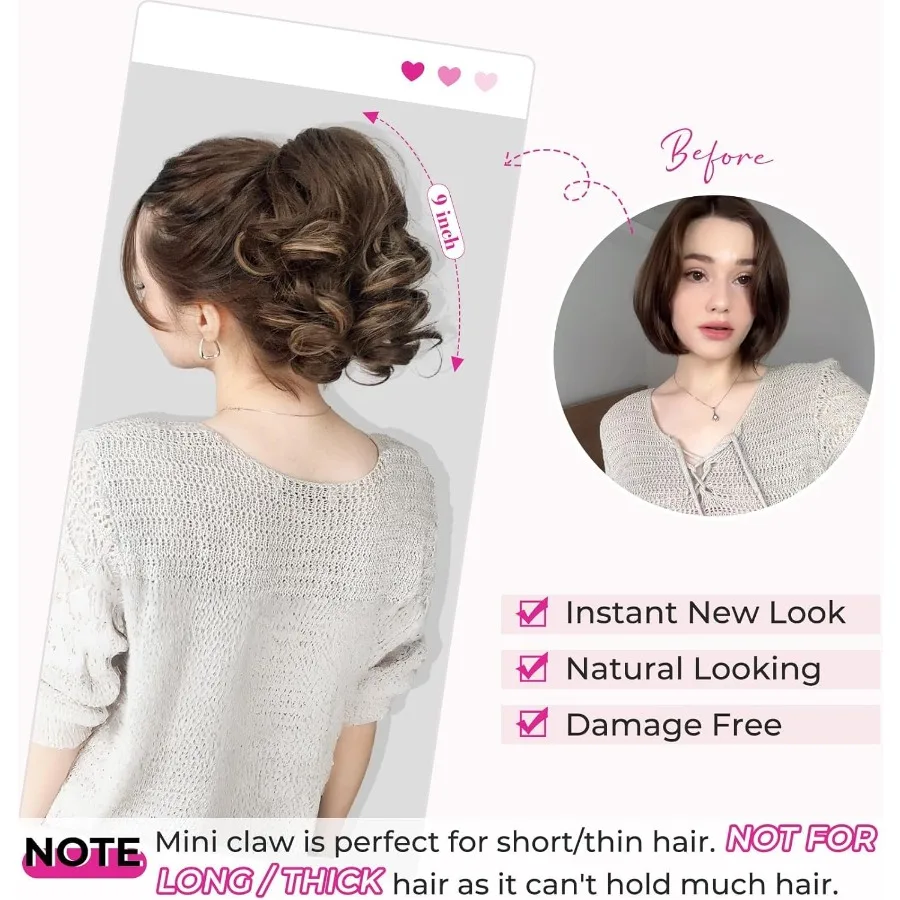 وصلة شعر قصيرة مجعدة ومموجة على شكل ذيل حصان مع مشبك مخلب للنساء 9 بني كستنائي مع تسليط الضوء على الذهبي مثالية للاستخدام اليومي