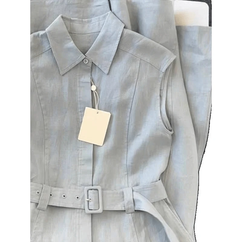 夏エレガントな女性の新しいブルースリネンシャツドレスベルト Sleevelsss ハイウエスト A ラインカジュアルドレスミディ Vestidos T145