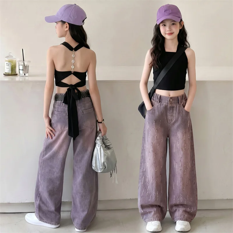

Summer Teenage Girls Outfits Backless Black Vest&Purple Wide Leg Jeans 2Pcs Fashion Korean Hip Hop Kids Clothing Sets 5-14Years