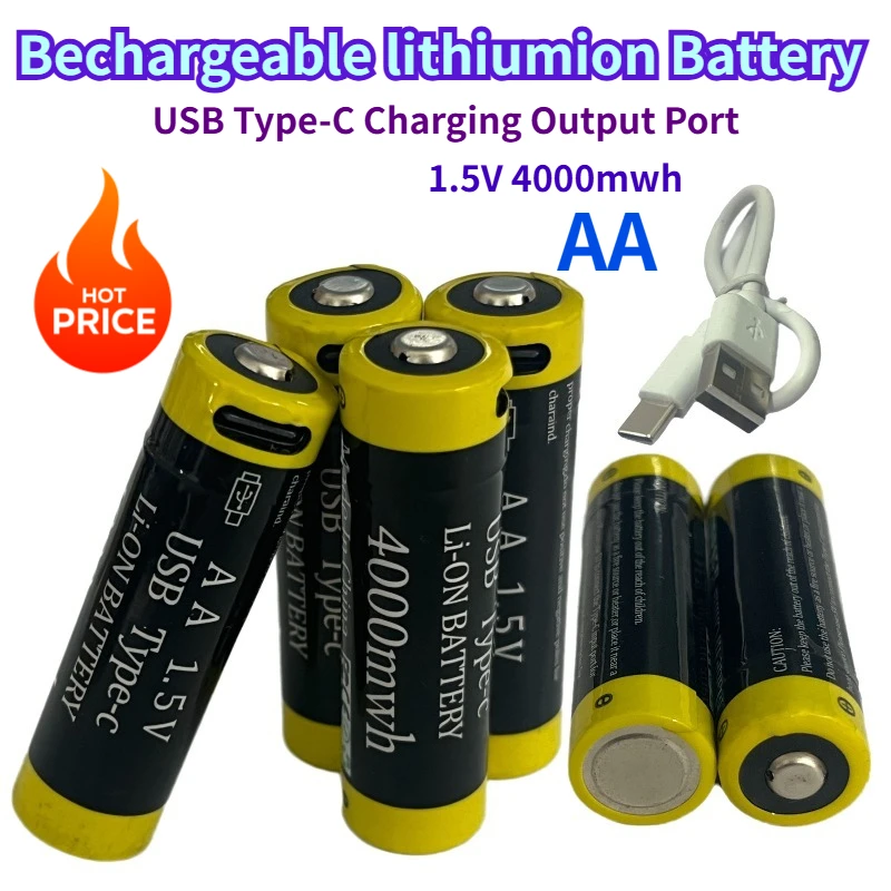 

1.5V AA 4000mWh Rechargeable Li-ion Battery for Mouse Remote Control Small Fan Electric Toy Battery USB Type-C Cable