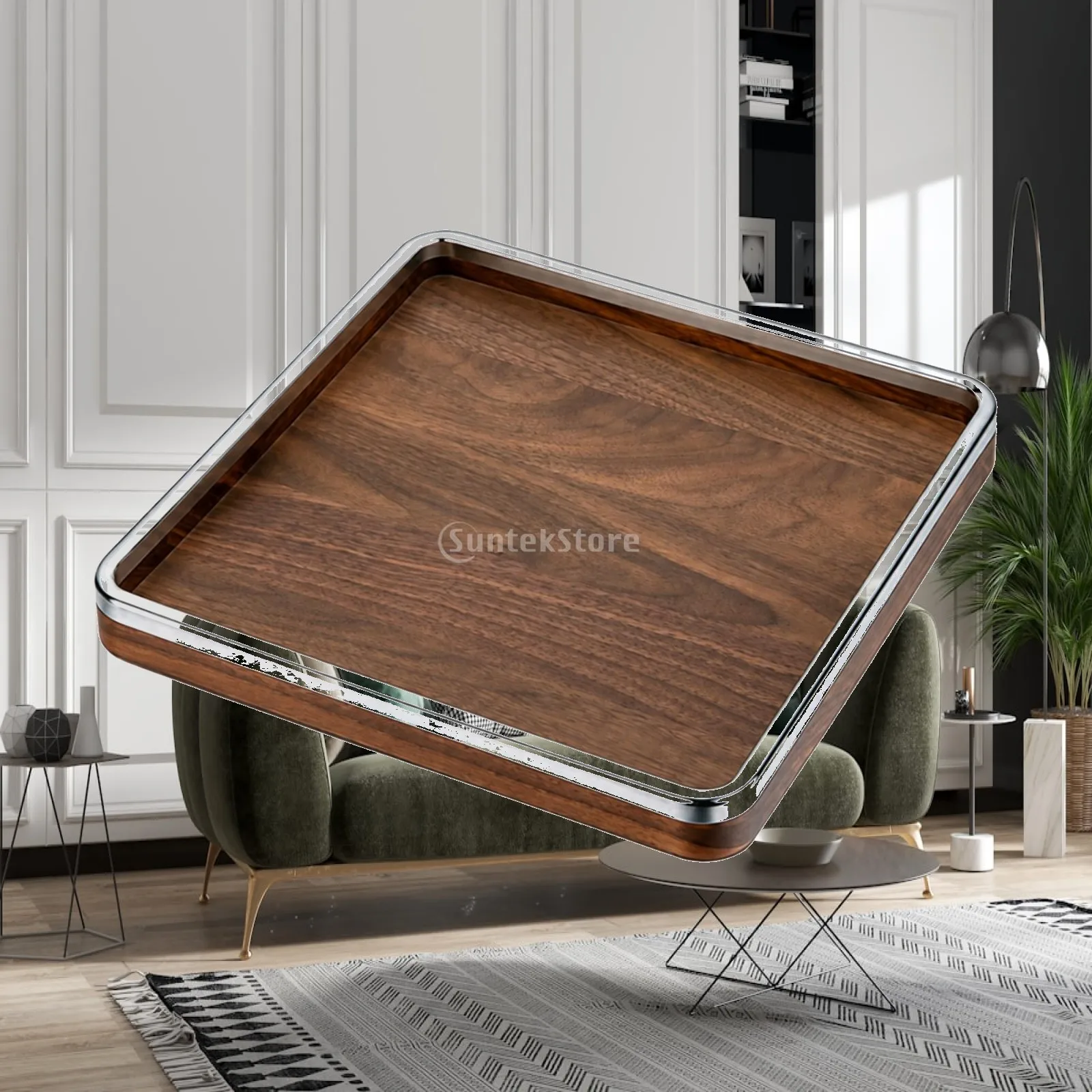 Square Serving Tray Elegant Wood and Stainless Steel Tray Food Safe Long-Lasting for Tea Service, Entertaining
