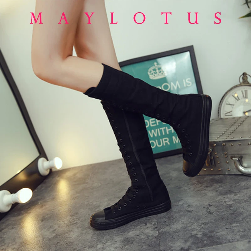 2024 New Fashion 2 Colors Women's Canvas Boots Lace Zipper Knee High Boots Boots Flat Shoes Casual High Help Punk Shoes Girls