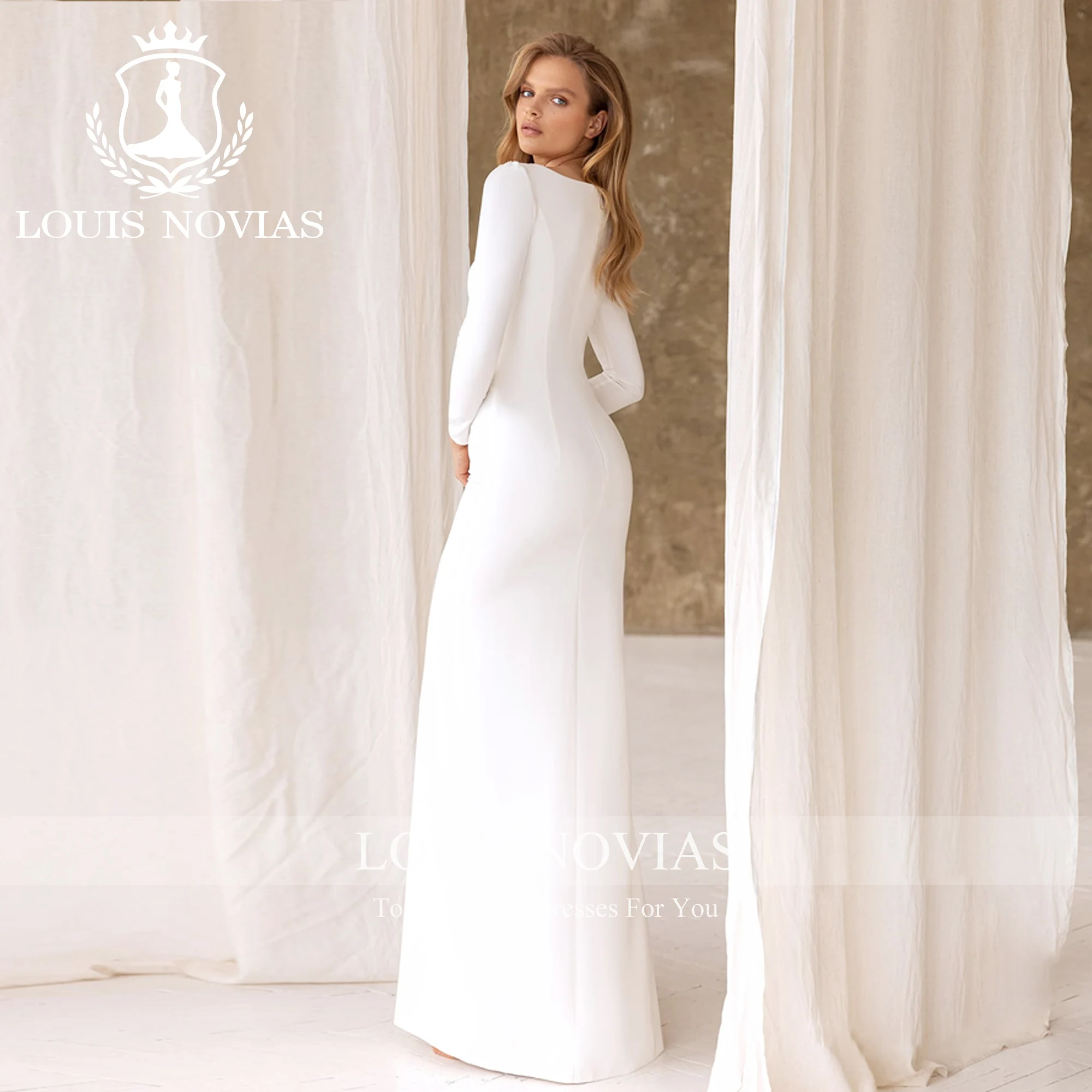 LOUIS NOVIAS Long Sleeves Mermaid Wedding Dress For Women 2023 SCOOP Stretch Satin Slit-Hem Bridal Dress Vestidos De Novia