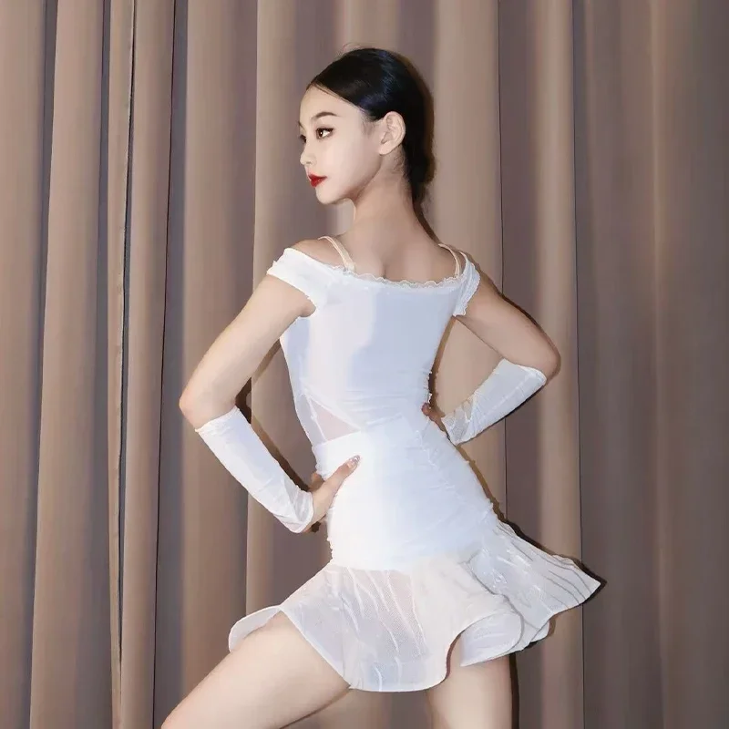 

Lain Dance Clothes Kids White Girls Practice Dress Suit Cha Cha Rumba Dance Dress Performance Wear Competition Dress