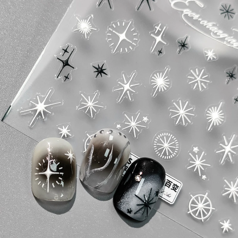 Auto-adesivo Nail Art Decorações Adesivos, colorido Polaris 3D Manicure decalques, estrelas preto e branco, 5D relevo, por atacado