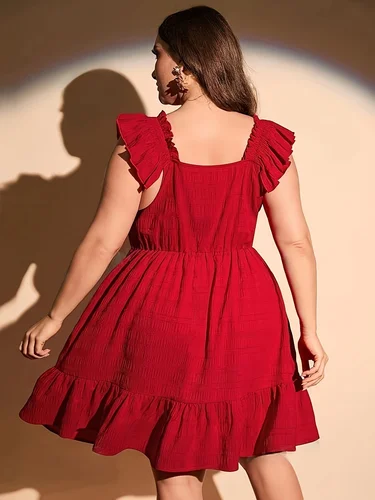 Imagen 2 del producto Vestido elegante de verano de talla grande para mujer, vestidos informales con volantes y cuello cuadrado liso Vintage para vacaciones