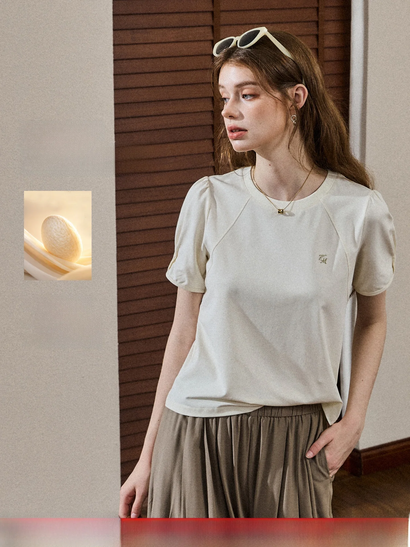 Silk Blend Short Sleeve T-Shirt Women's Daily Commute Summer Soft Cozy Bubble Sleeve Embroidered Top Korean Style Knitted Fabric