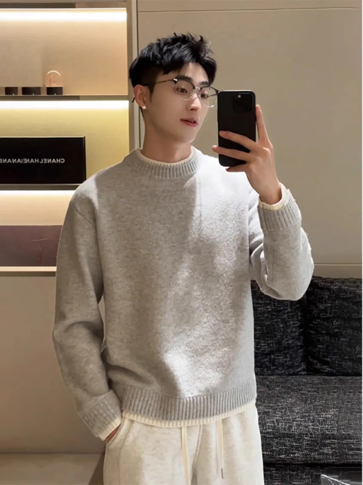 

ay round Ne oulder-Length Men's Knitwear Casual Sle Base Layer Top Autumn Winter Korean Lazy Faion Inner Wear