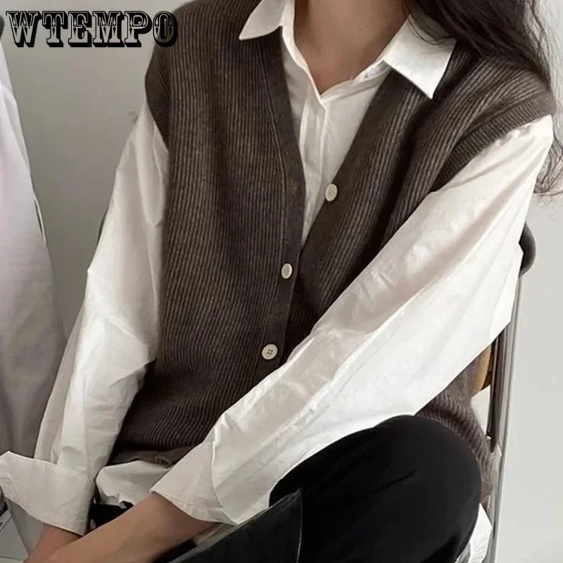 WTEMPO New Knitted Vests Office Ladies Japanese Style V-Neck Button Cardigans Coats Women\'s Spring Fall New Elegant Sweater Vest