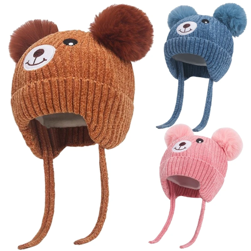 Cartoon-Bären-Babymütze mit Riemen, Wintermütze aus warmem Strickvelours für Jungen und Mädchen, Mütze für 1–5 Jahre, für Kleinkinder und Kinder