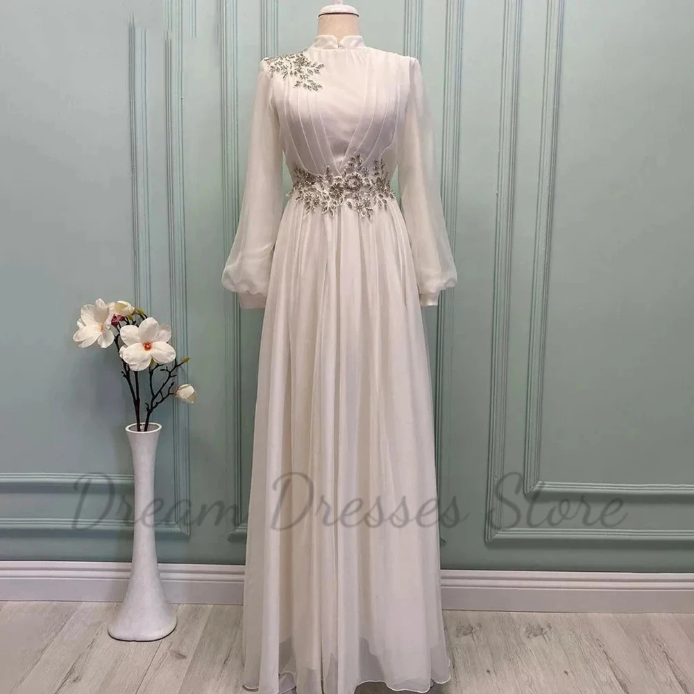High Neck Pleat Long Sleeves EVening Dress A-Line Floor Length Applique Custom Made Women Wedding Party Muslim Gowns Colourful