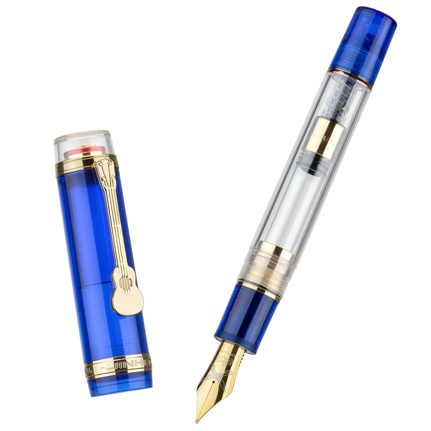 Jinhao 1935 Tiandao Series Fountain Pen #8 F/M Nib with Guitar Clip, Transparent and Blue Resin Writing Pen & Large Converter