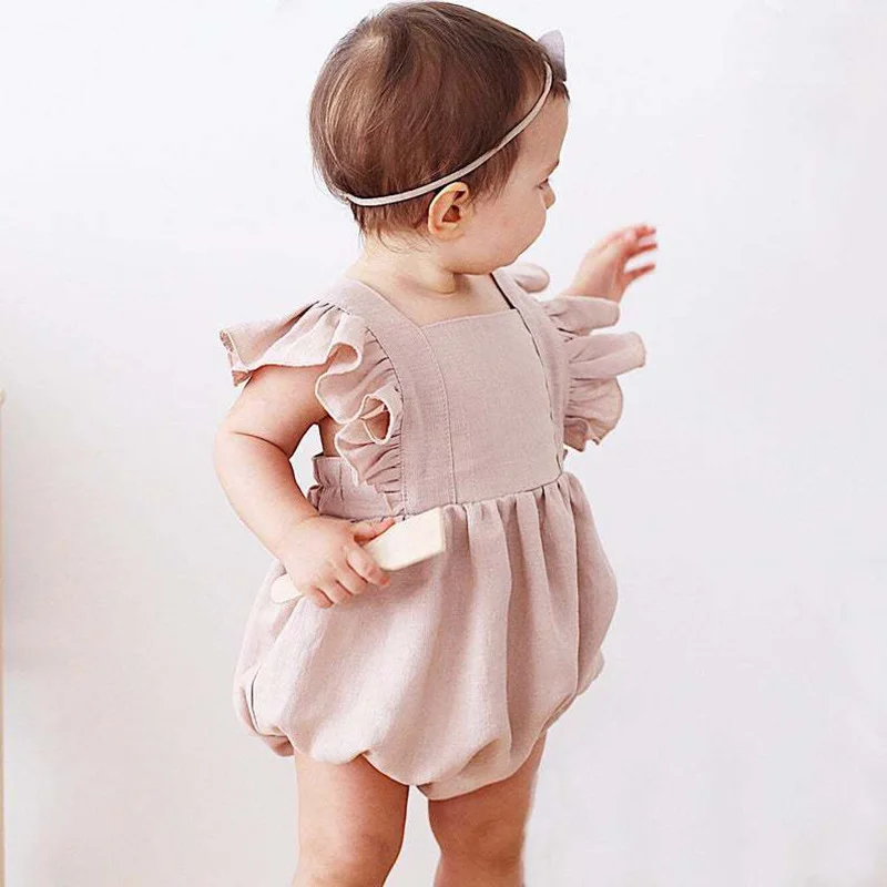 

New Summer Newborn Casual Bodysuit Baby Girls Solid Flying Sleeve Cotton Linen Rompers Infant Toddler Jumpsuit Clothing