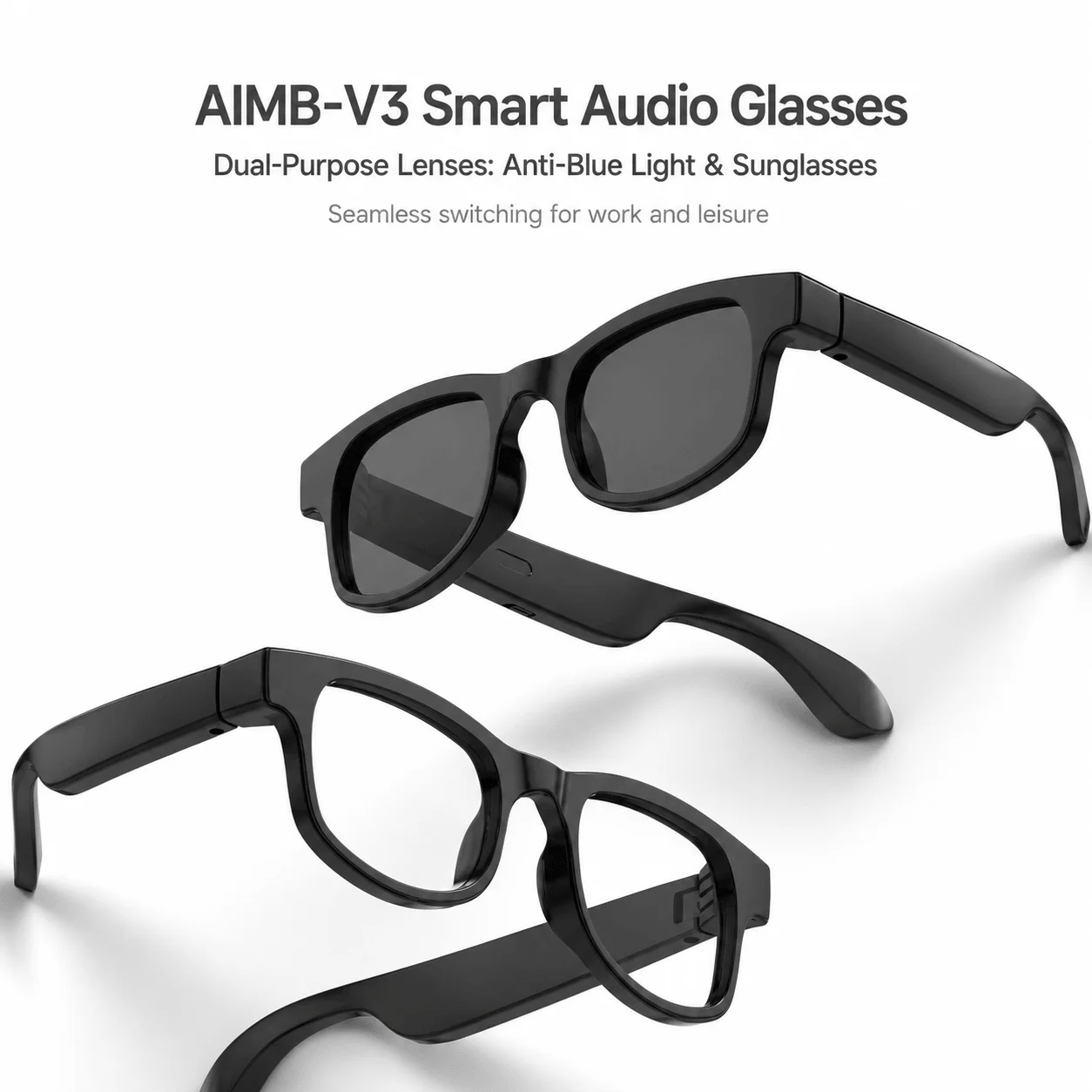 

AIMB V3 Smart Bluetooth Glasses Built in Speakers Wireless Music Calls Voice Assistant Anti Blue Light Eyewear