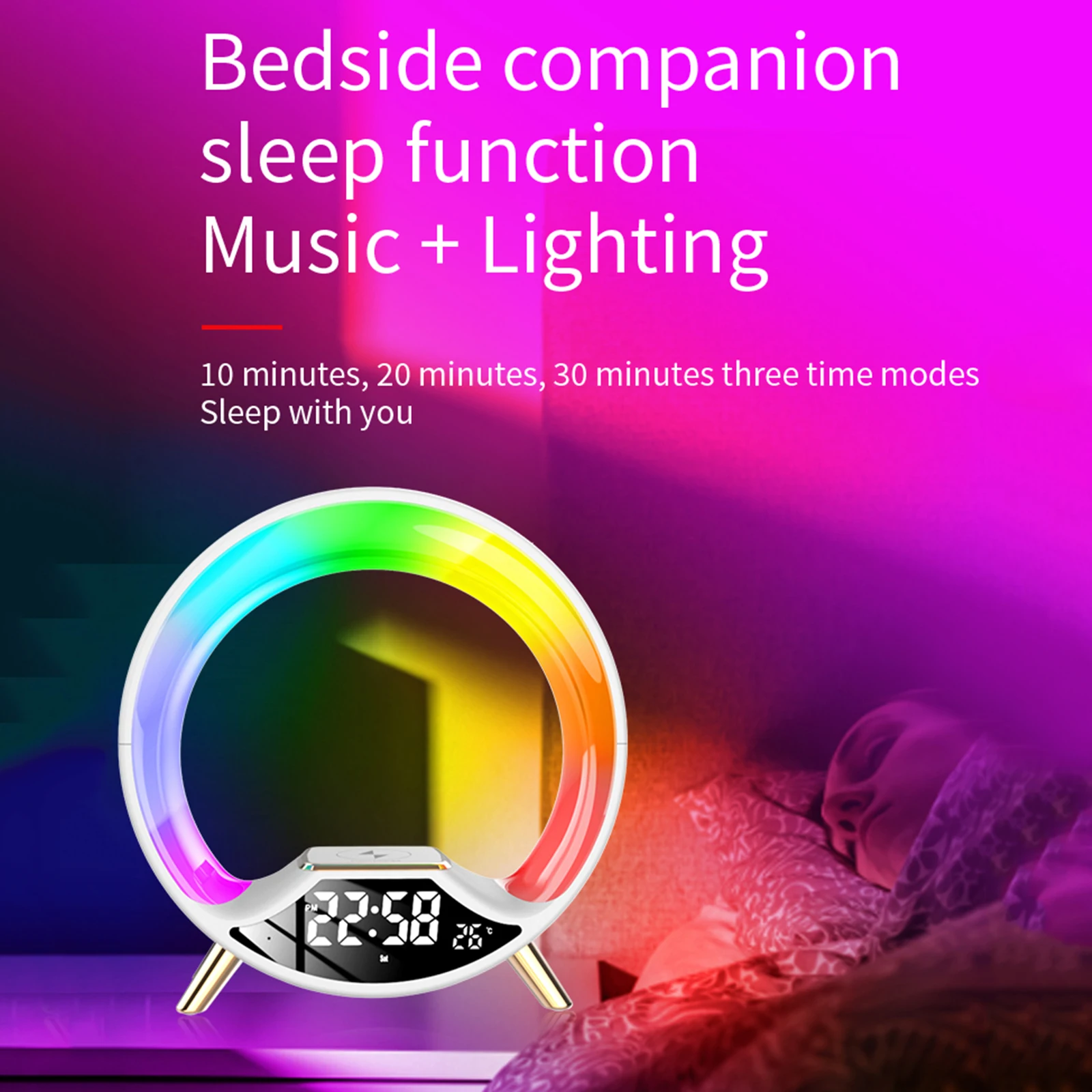 

LED Night Light RGB Color Ambient Light Sunrise Wake Up Alarm Clock Bluetooth Speaker Music Lamp With 15W Wireless Charger