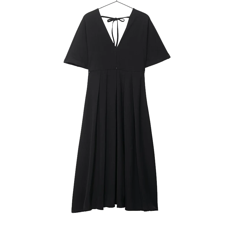 فستان Willshela للسيدات ذو ثنيات سوداء وأربطة متوسطة الطول عتيق ورقبة على شكل حرف V وأكمام قصيرة فساتين نسائية أنيقة #1
