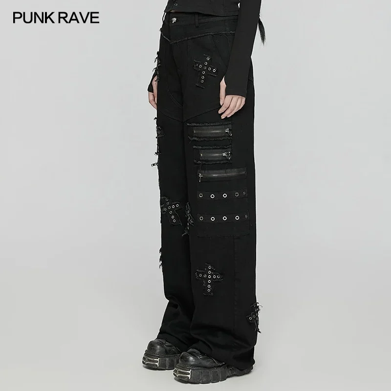 PUNK RAVE Women's Punk Decadent Cross Patch Loose Straight Pants Rough Edges Design Twill Handsome Casual Personalized 