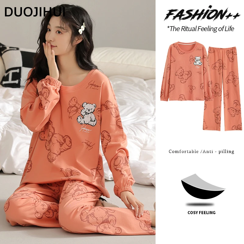 DUOJIHUI Pure Color Fashion Printed Casual Pajamas for Women Basic O-neck Pullover Loose Pant Simple Classic Female Pajamas Set