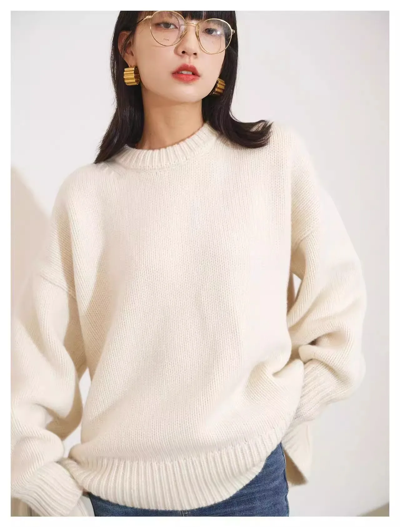 

2025 Autumn/Winter New European Style Crew Neck 100% Cashmere Sweater for Women Thickened Oversized Loose Knit Base Layer Top