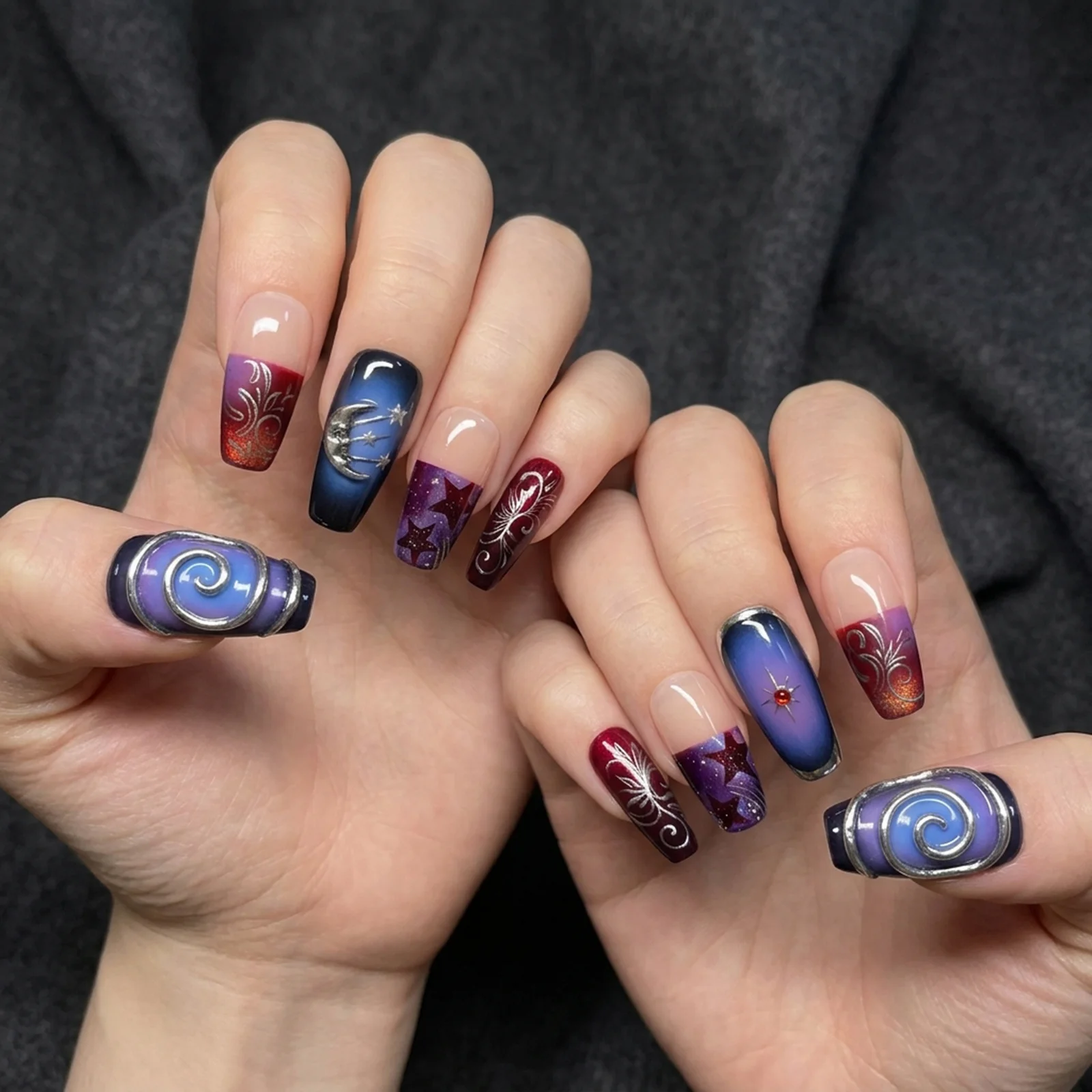 Party Ready Press On Nails Vintage Floral Short False Nail Set Red Blue Resin Manicure for Women Daily Wear Festivals