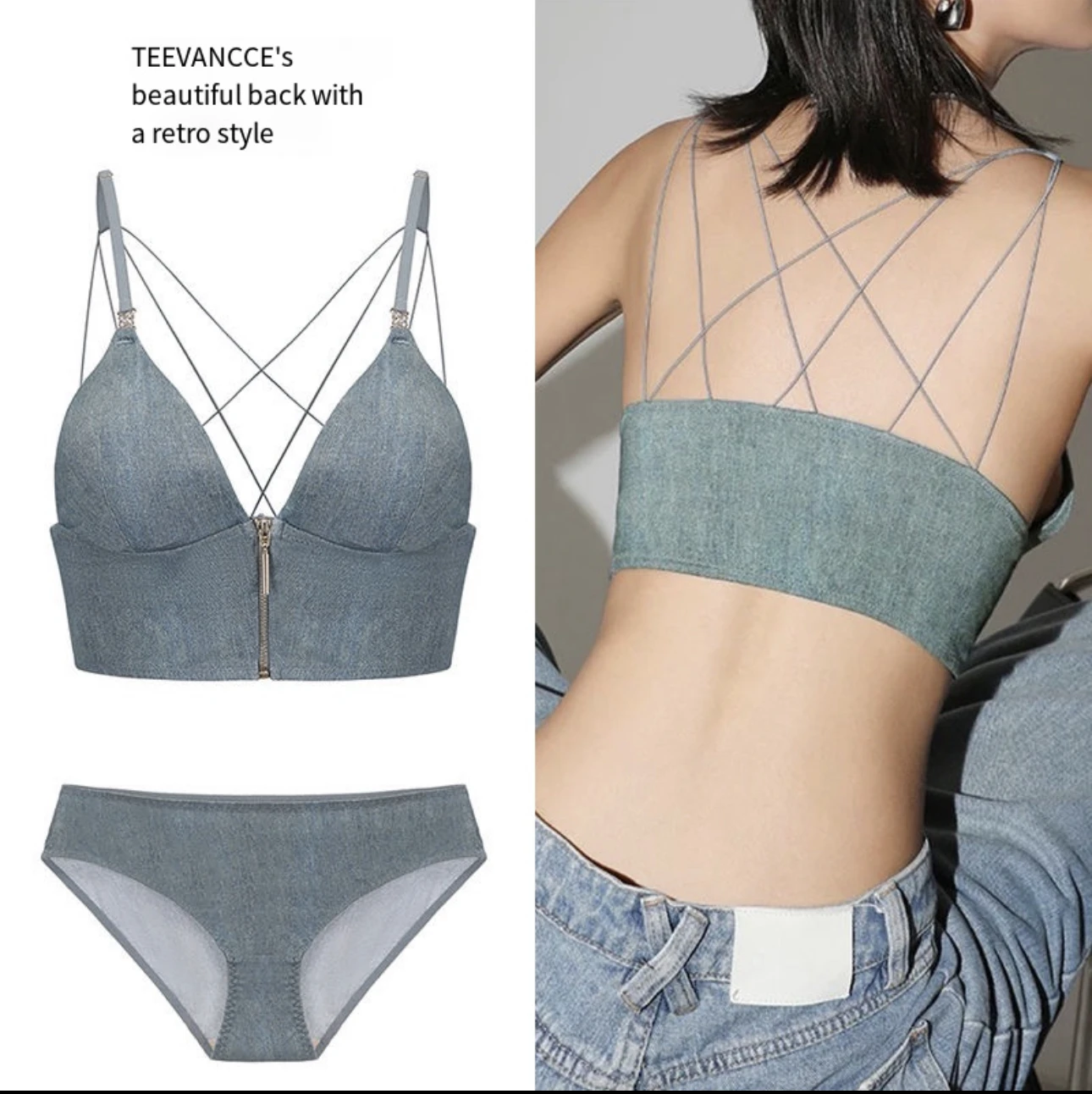 

Hot girl denim style underwear underwire bra beautiful back cross strap front buckle zipper thin mold cup bra women
