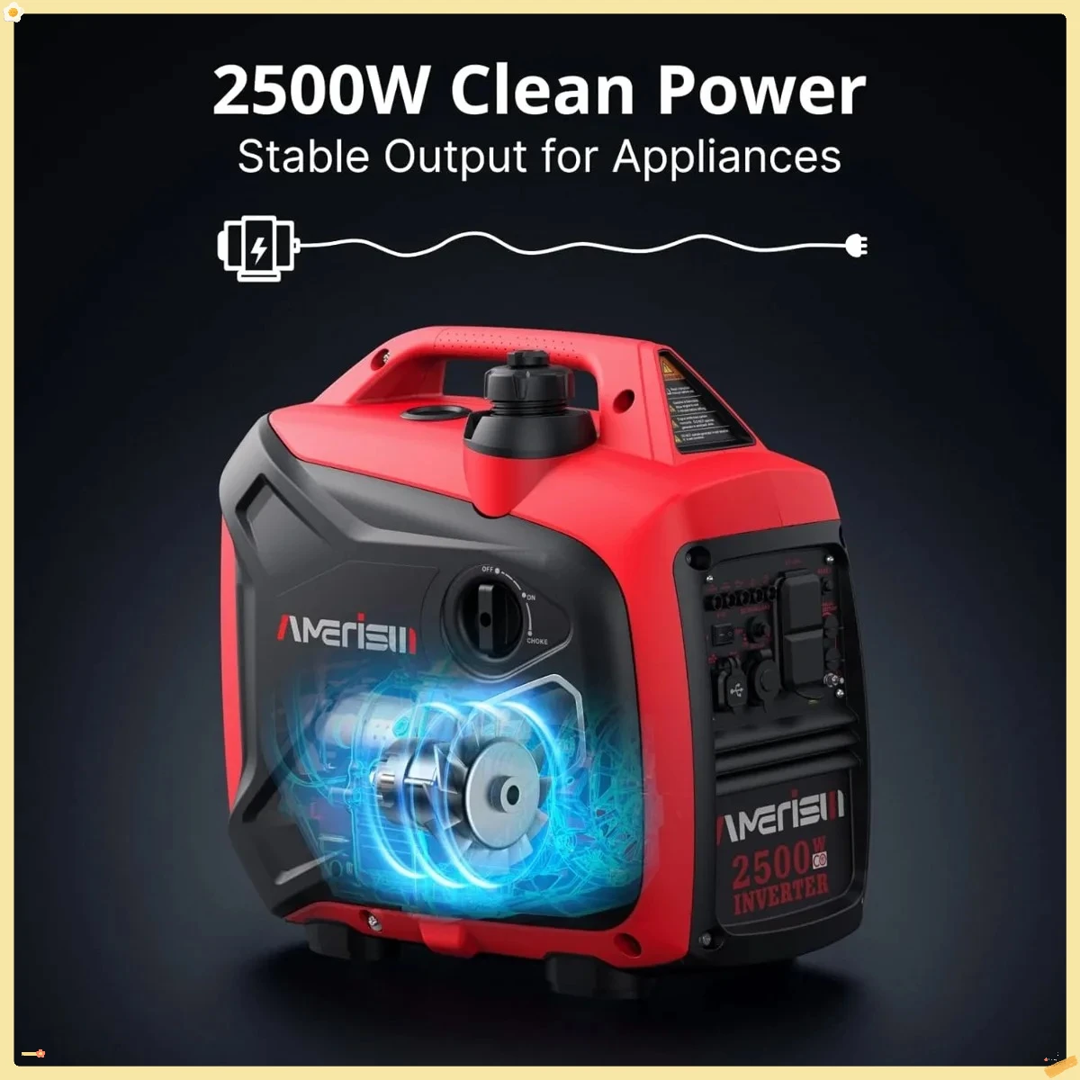 

2500W Portable Inverter Generator, Gas Powered with CO Sensor, Ultra Quiet for Camping and Tailgating